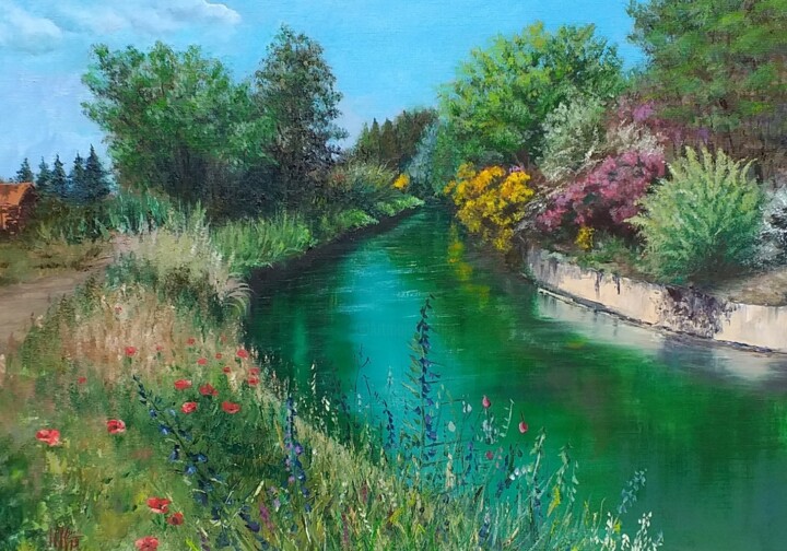 Peinture intitulée "Canal à L'Isle sur…" par Noelle Huin, Œuvre d'art originale, Huile