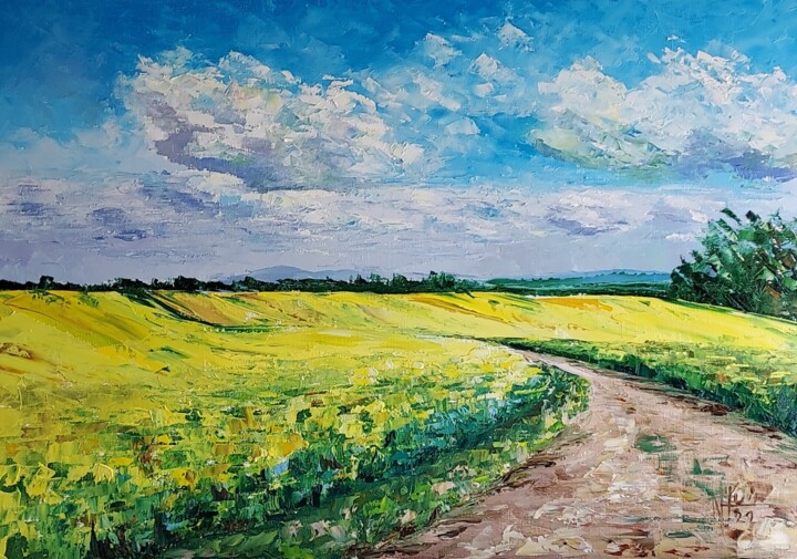 Peinture intitulée "Champs de colza à L…" par Noelle Huin, Œuvre d'art originale, Huile Monté sur Châssis en bois