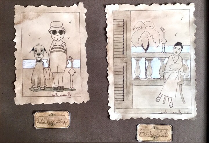 Dessin intitulée "Vacance chez Sacha…" par Noëlle Lassailly, Œuvre d'art originale, Aquarelle Monté sur Panneau de bois