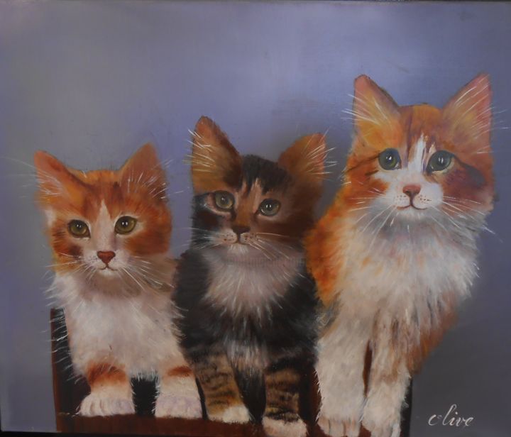 Painting titled "les trois chats" by Noelle Olive, Original Artwork