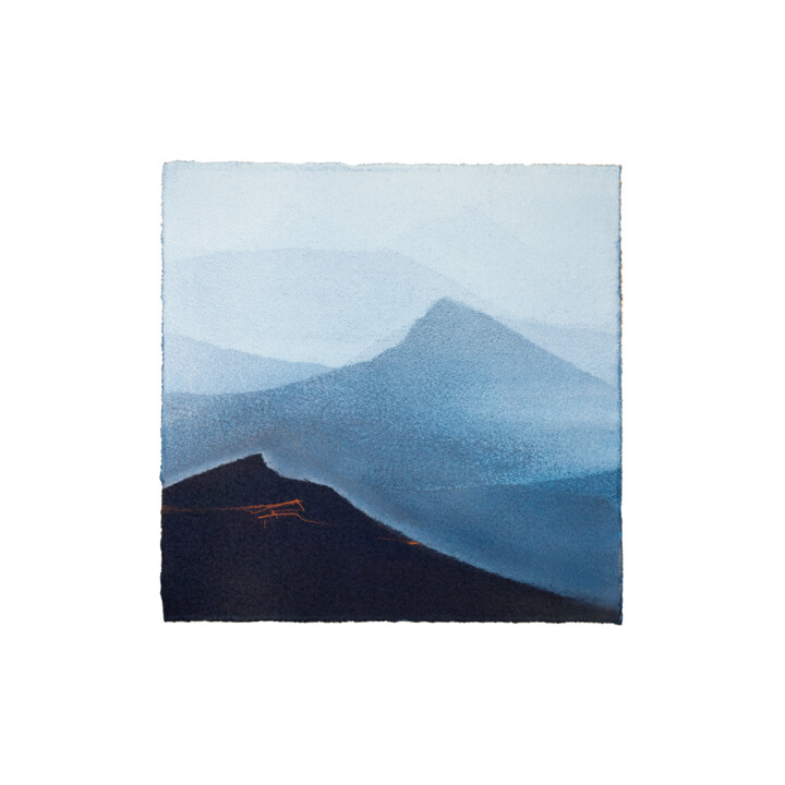 Printmaking titled "Les Montagnes Bleue…" by Noémie Pons, Original Artwork, Monotype Mounted on Cardboard