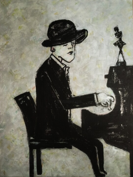 Peinture intitulée "Le pianiste au chap…" par Noham Rudisuhli, Œuvre d'art originale, Acrylique