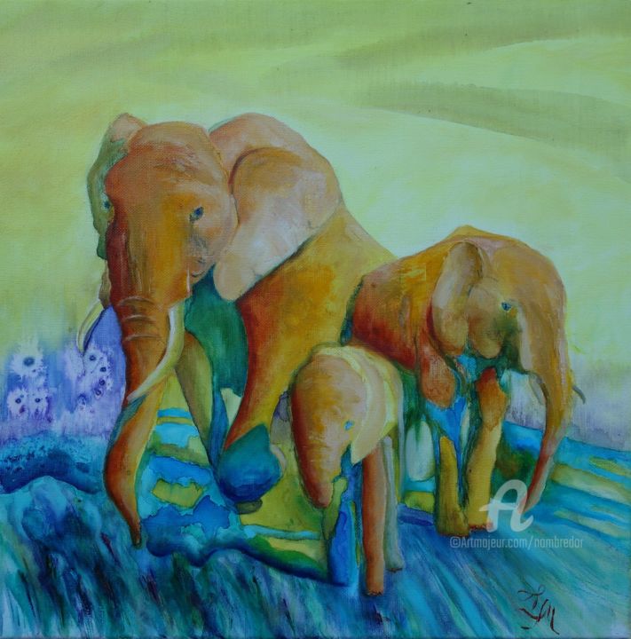 Painting titled "Savane dorée, eleph…" by Tatiana Le Metayer, Original Artwork, Acrylic Mounted on Wood Stretcher frame