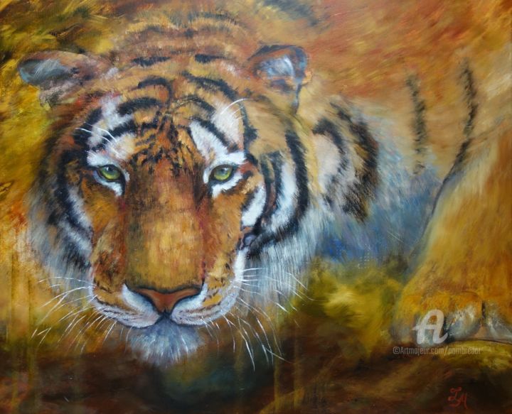 Painting titled "Tigre en peinture à…" by Tatiana Le Metayer, Original Artwork, Oil Mounted on Wood Stretcher frame