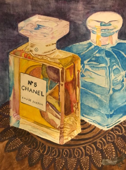 Painting titled "Perfume Bottles" by Noor Ahmed Malik, Original Artwork, Watercolor