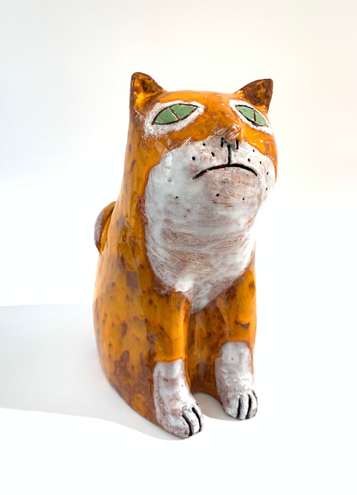 Sculpture titled "Yellow Cat" by Nora Blazeviciute, Original Artwork, Ceramics