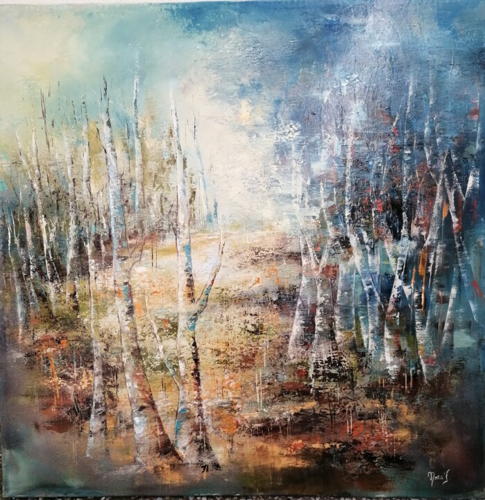 Painting titled "Il bosco incantato" by Nora Ferriani, Original Artwork, Oil Mounted on Wood Stretcher frame