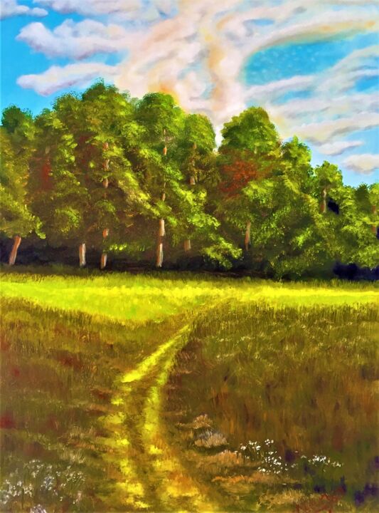 Painting titled "Path to the Forest" by Nora Komoroczki, Original Artwork, Oil