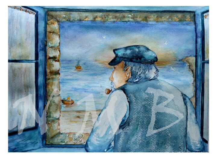 Pintura intitulada "Pêcheur breton" por Nora Mb, Obras de arte originais, Aquarela