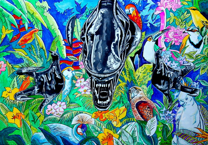 Painting titled "Alien in Paradise 2." by Norbert Szük, Original Artwork, Acrylic Mounted on Wood Stretcher frame