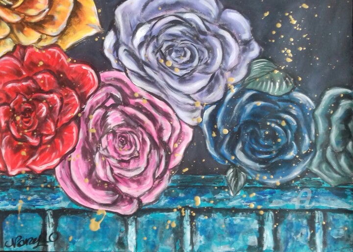 Peinture intitulée "Panier de roses" par Norel, Œuvre d'art originale, Acrylique