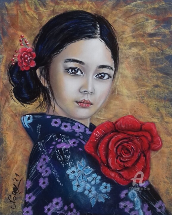 Dessin intitulée "red girl" par Norel, Œuvre d'art originale, Pastel