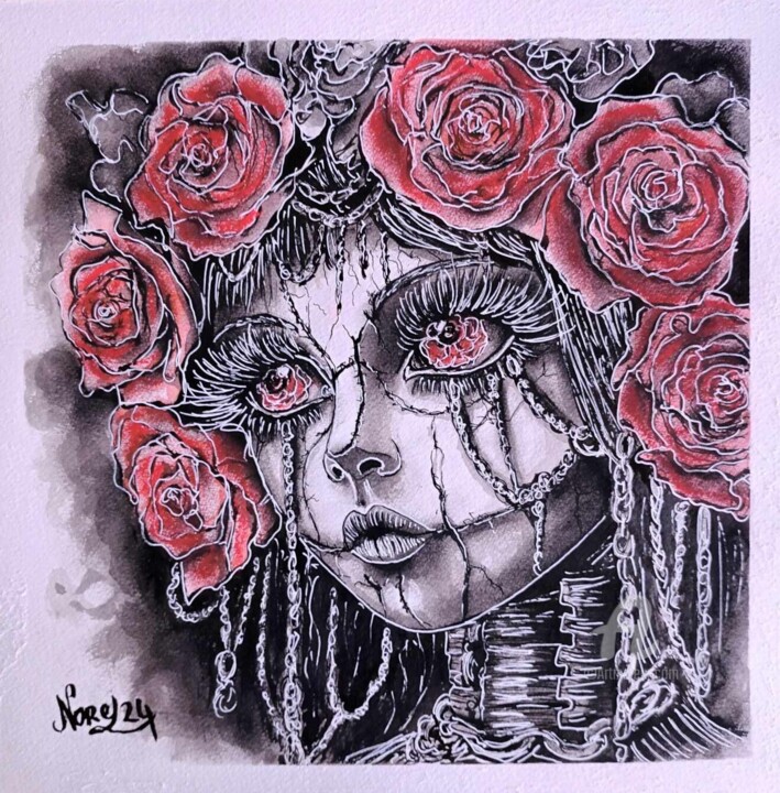 Painting titled "Lady Rose" by Norel, Original Artwork, Watercolor