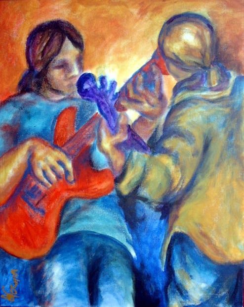 Pintura intitulada ""guitarra & bass"" por Norma Ascencio, Obras de arte originais, Óleo