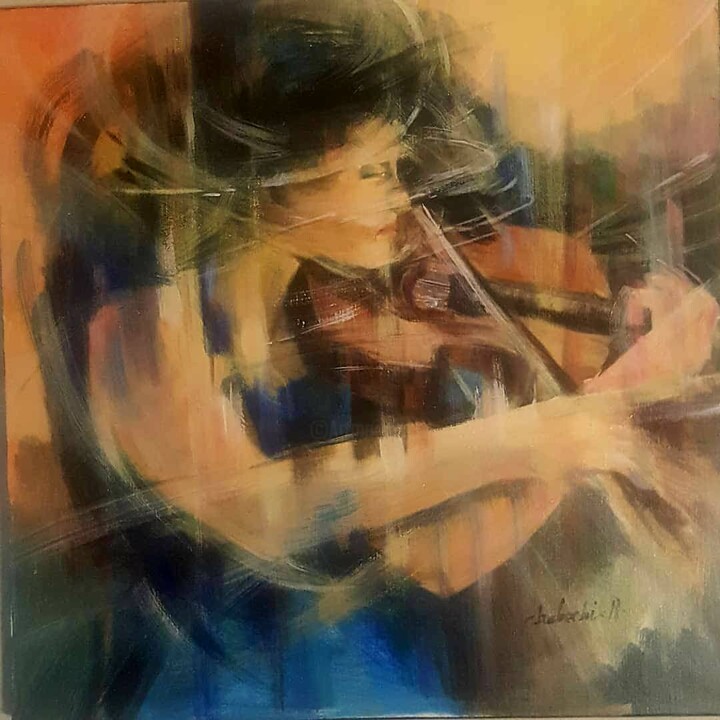 Painting titled "La violoniste" by Norredine Chebahi, Original Artwork, Acrylic Mounted on Wood Stretcher frame