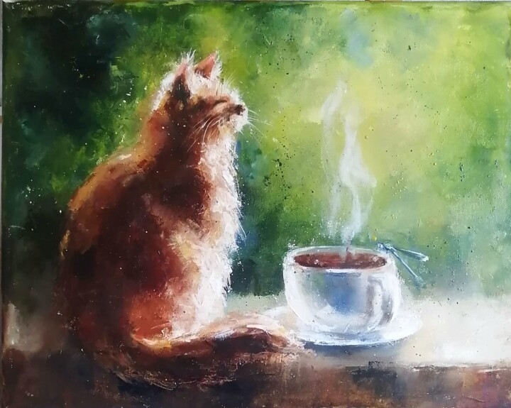 Painting titled "A Cat and a Cup of…" by Galina Kolomenskaya, Original Artwork, Oil