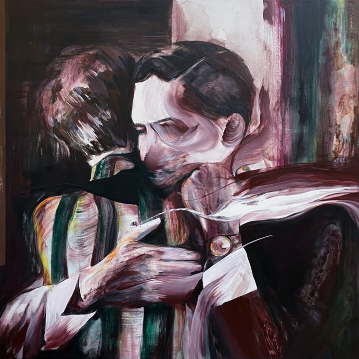 Painting titled "The Last Hug" by Norris Yim, Original Artwork, Acrylic Mounted on Wood Stretcher frame