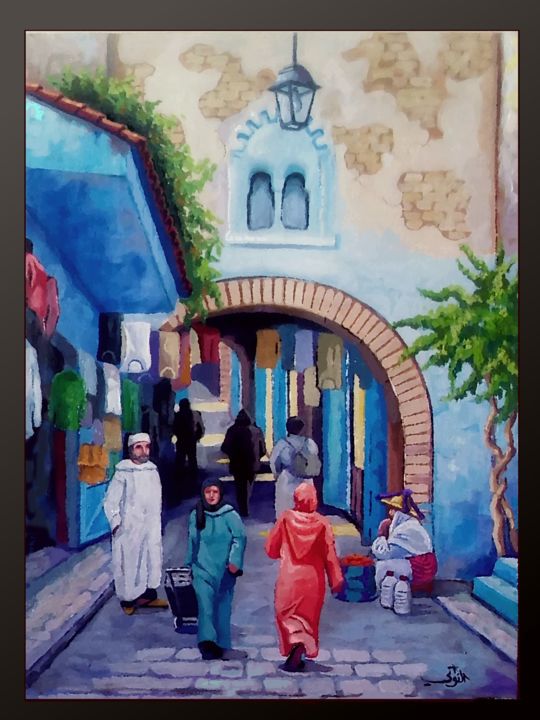 「Ruelle Bleue」というタイトルの絵画 Abdelhadi Nouaitiによって, オリジナルのアートワーク, オイル