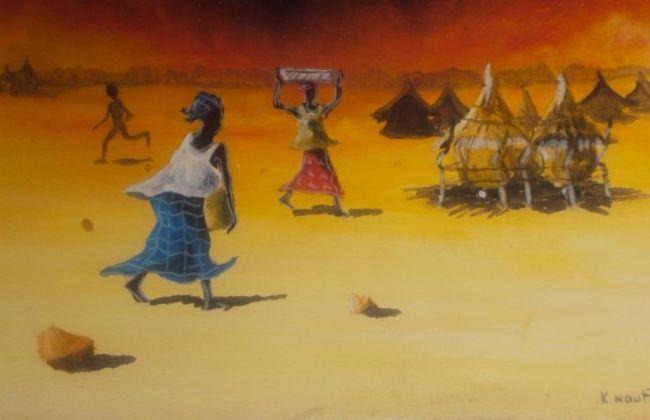 Schilderij getiteld "le retour du marché…" door Noufou Kabore, Origineel Kunstwerk