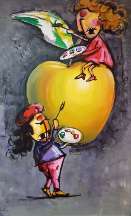 Malerei mit dem Titel "Les Artistes Pomme" von Nouhaila Benbella, Original-Kunstwerk, Acryl