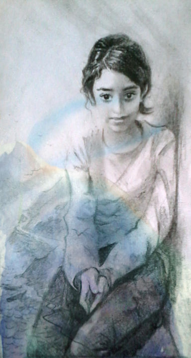 Рисунок под названием "fille syrienne" - Marina Ait Si Mamar, Подлинное произведение искусства, Карандаш