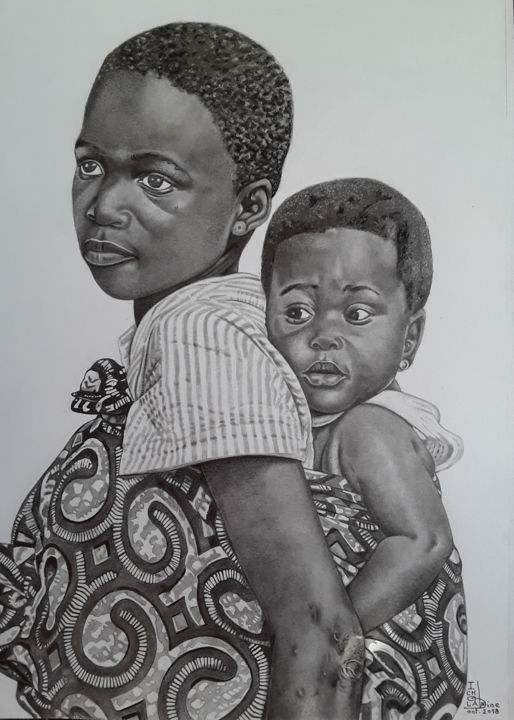 Drawing titled "Enfants 02" by Nourou Dine Ichola, Original Artwork, Pencil