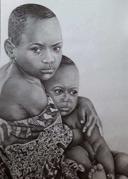 Drawing titled "Enfants 06" by Nourou Dine Ichola, Original Artwork, Pencil