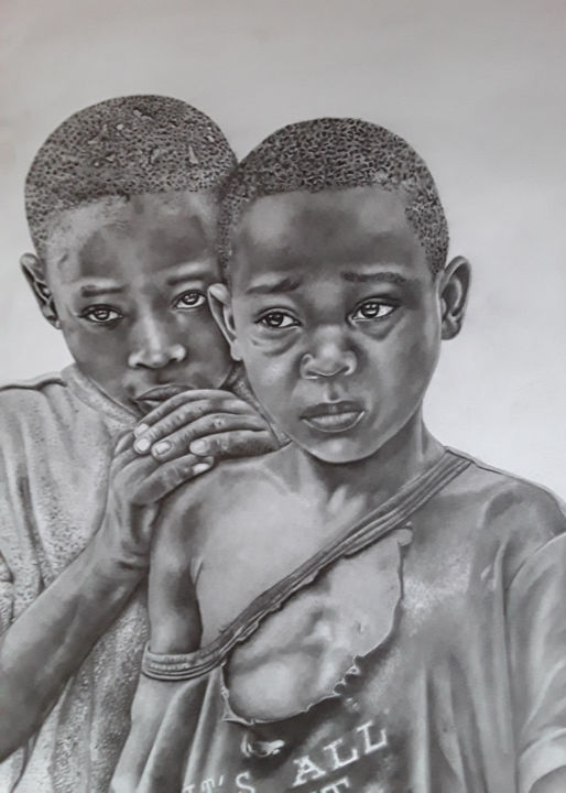 Рисунок под названием "Enfants 07" - Nourou Dine Ichola, Подлинное произведение искусства, Карандаш