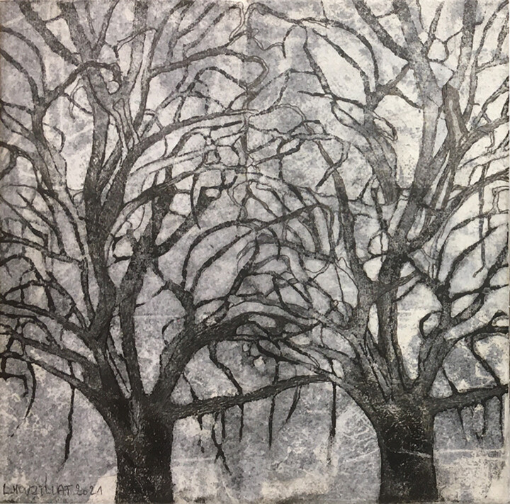 Incisioni, stampe intitolato "arbre jumeaux" da Laurence Nouzillat, Opera d'arte originale, Inchiostro Montato su Telaio per…