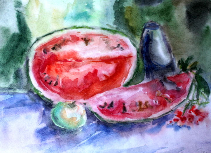 Painting titled "Charity. Watermelon" by Tatyana Zorina, Original Artwork, Watercolor