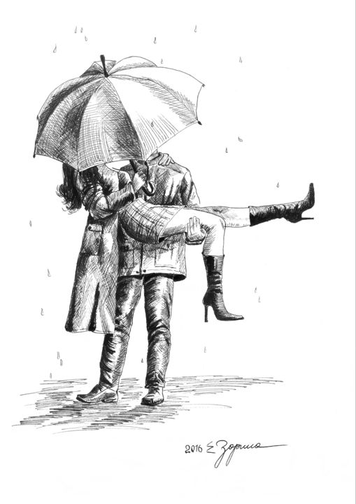 Dibujo titulada "Under the umbrella" por Tatyana Zorina, Obra de arte original, Tinta