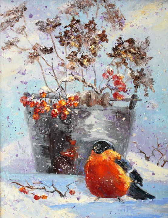 Painting titled "Herald of winter" by Tatyana Zorina, Original Artwork, Oil