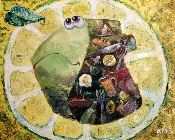 Painting titled "Fish under lemon. E…" by Tatyana Zorina, Original Artwork, Oil