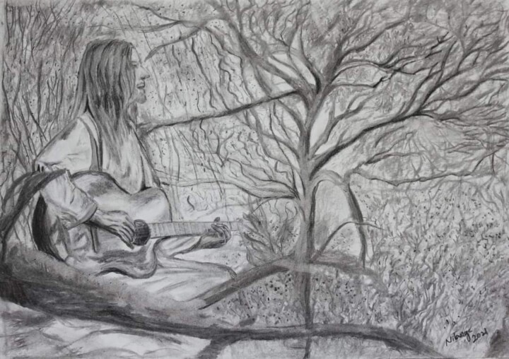 Painting titled "Under the tree." by Nilanga Ranasinghe, Original Artwork, Charcoal Mounted on Wood Stretcher frame