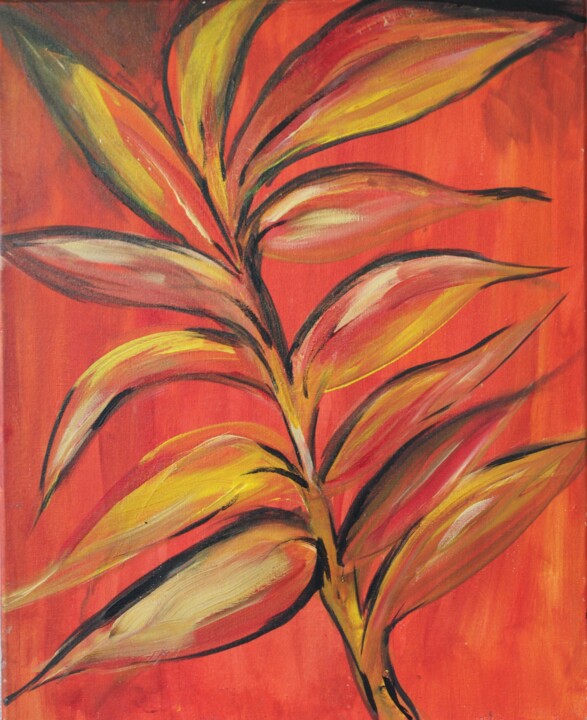 Ζωγραφική με τίτλο "orange leaves" από Nilanga Ranasinghe, Αυθεντικά έργα τέχνης, Ακρυλικό