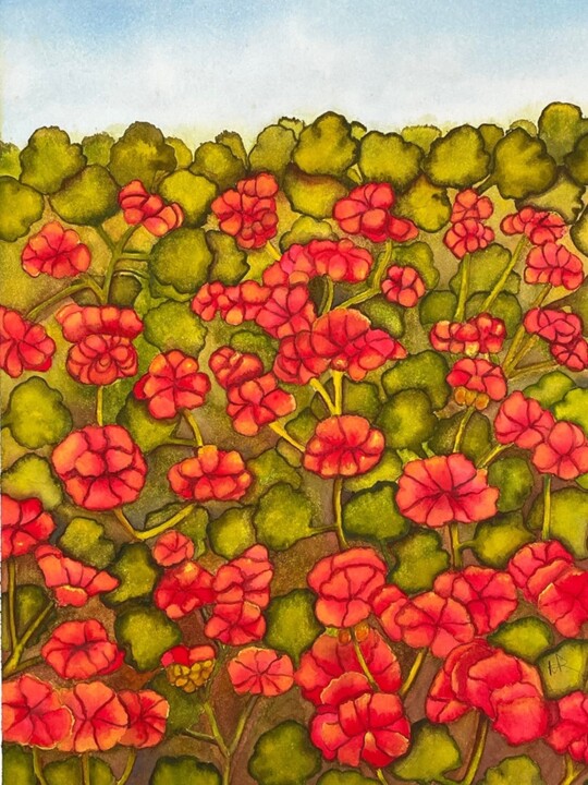 Schilderij getiteld "Red Geraniums" door Nancy Riedell, Origineel Kunstwerk, Aquarel
