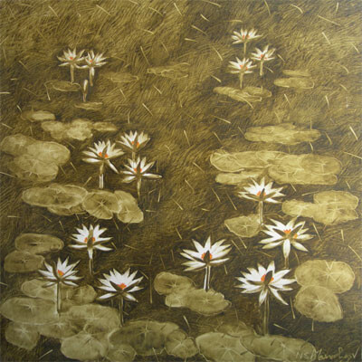 Pittura intitolato "Lotus Pond" da Ns, Opera d'arte originale