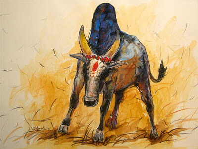Painting titled "Bull" by Ns, Original Artwork