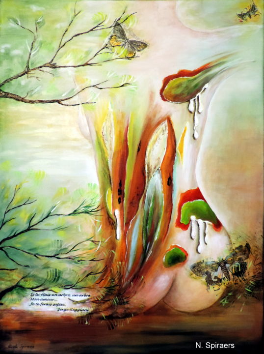 Painting titled "Cyprès et Papillons…" by Nicole Spiraers, Original Artwork, Acrylic Mounted on Wood Stretcher frame