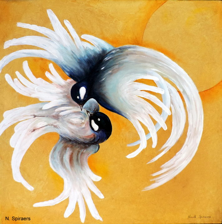 Malarstwo zatytułowany „Fais comme l'oiseau…” autorstwa Nicole Spiraers, Oryginalna praca, Akryl Zamontowany na Drewniana ra…