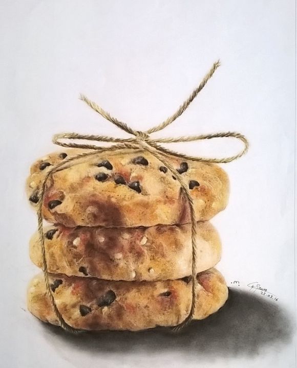 Drawing titled "Les cookies" by Chantal Bacon, Original Artwork, Pastel