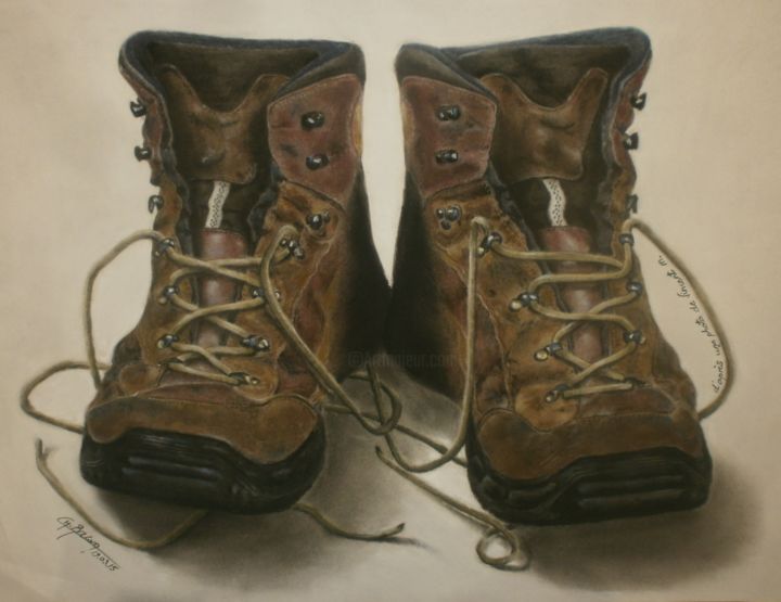 Peinture intitulée "Chaussures de rando…" par Chantal Bacon, Œuvre d'art originale, Pastel
