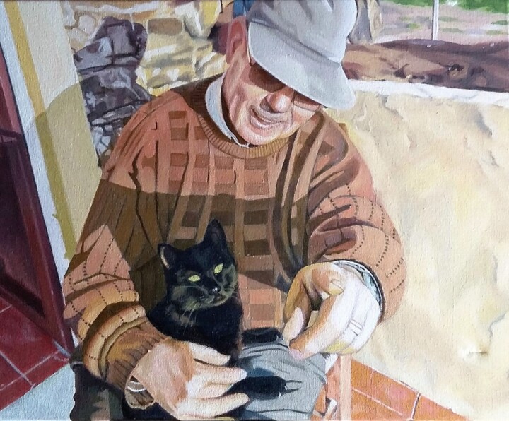 Pintura intitulada "Sr. com Gato" por Nuno Santos, Obras de arte originais, Óleo