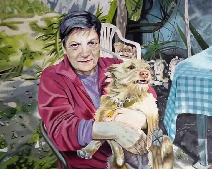 Painting titled "Sra com cão" by Nuno Santos, Original Artwork, Oil