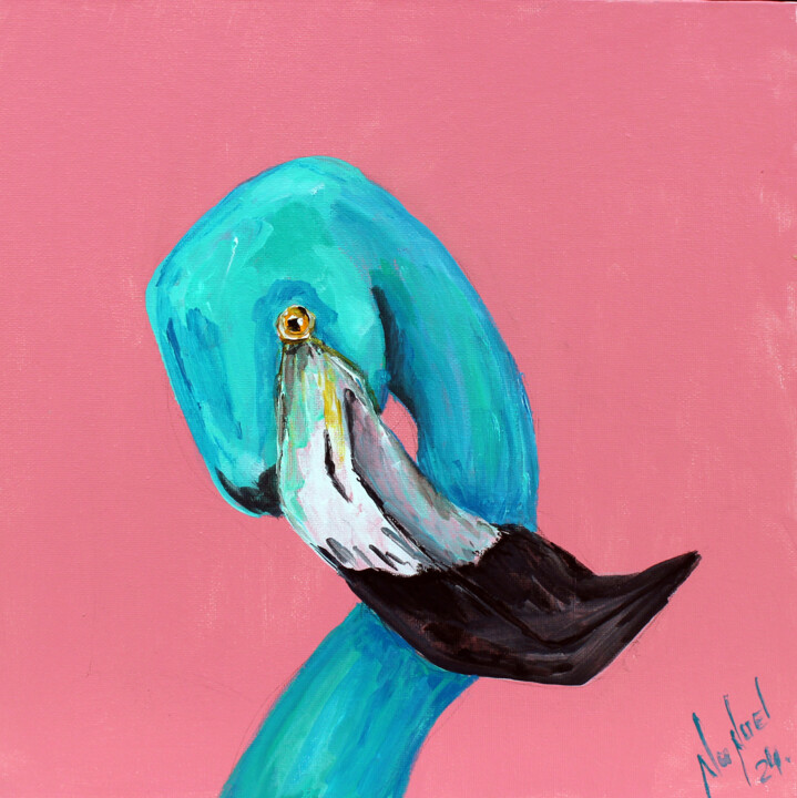 Painting titled "Blue Flamingo" by Nunuel, Original Artwork, Acrylic