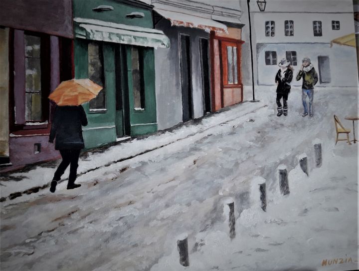 Peinture intitulée "Rue en hiver" par Nunzia Alfano Bounakhla, Œuvre d'art originale, Huile