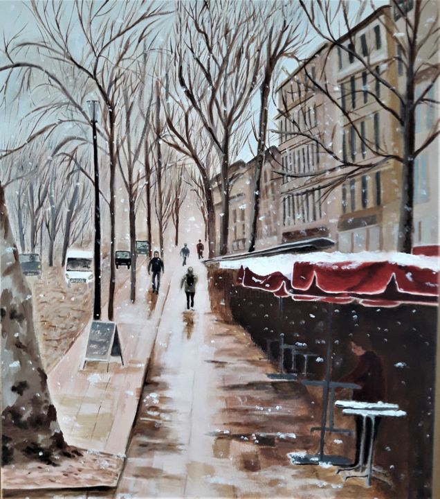 Peinture intitulée "Rue sous la neige" par Nunzia Alfano Bounakhla, Œuvre d'art originale, Huile
