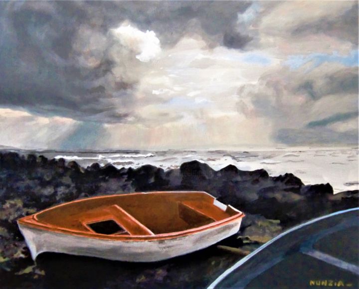 Peinture intitulée "Barque au couchant" par Nunzia Alfano Bounakhla, Œuvre d'art originale, Acrylique
