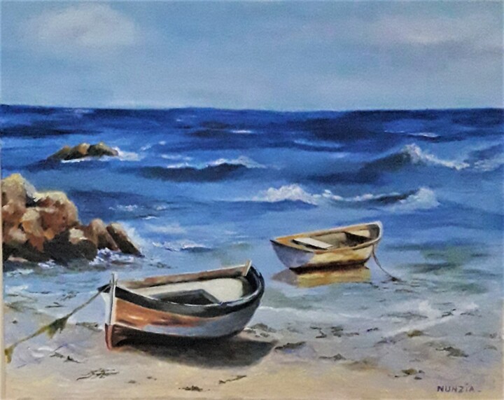 Peinture intitulée "Les barques" par Nunzia Alfano Bounakhla, Œuvre d'art originale, Acrylique