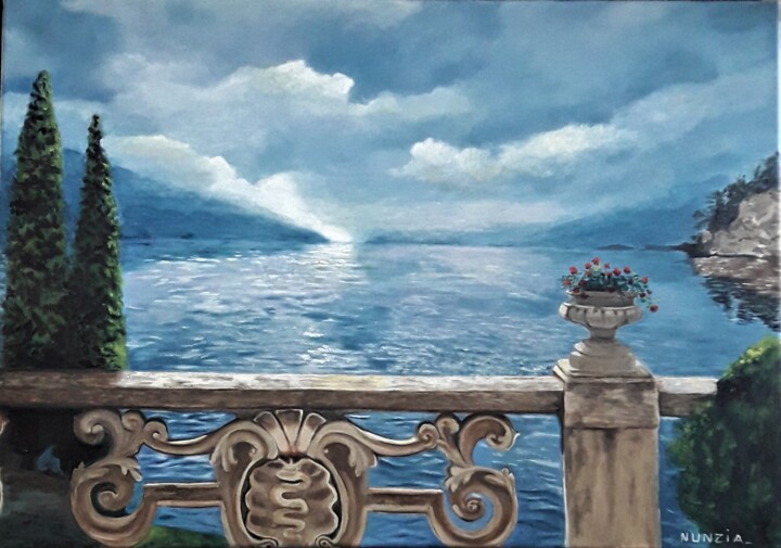 Malerei mit dem Titel "Balcon sur lac" von Nunzia Alfano Bounakhla, Original-Kunstwerk, Öl
